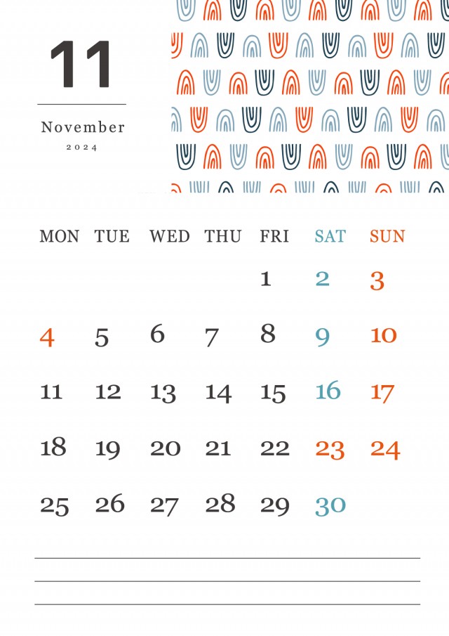 北欧風パターンの月間カレンダー（2024年・11月）