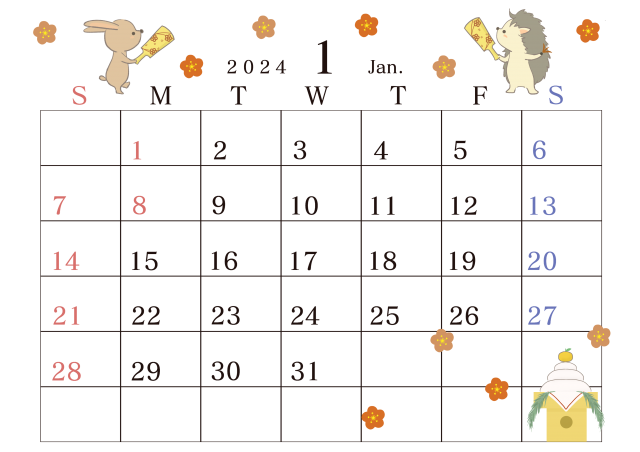 ２０２４年１月のカレンダー　ハリネズミとウサギの一年