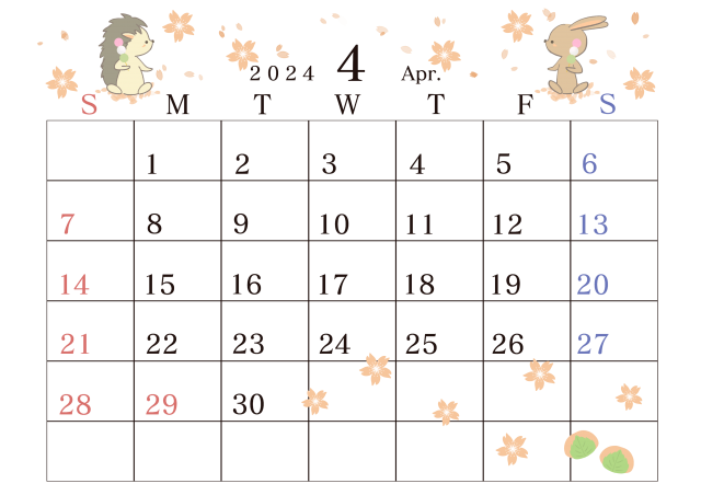 ２０２４年４月のカレンダー　ハリネズミとウサギの一年　お花見