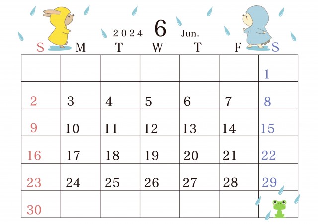 ２０２４年６月のカレンダー　ハリネズミとウサギの一年　梅雨