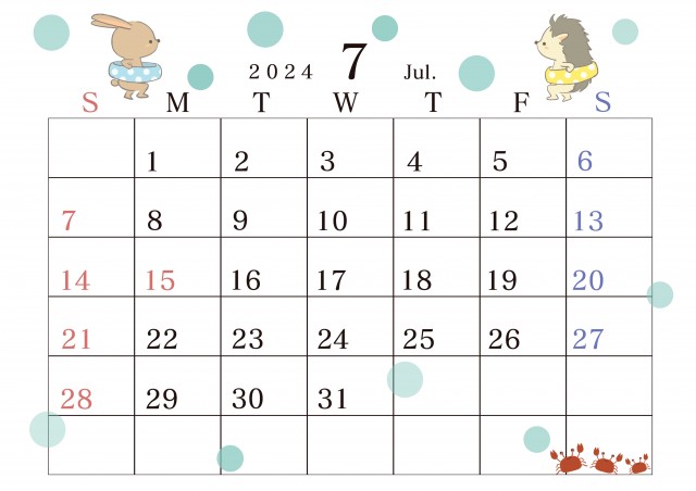 ２０２４年７月のカレンダー　ハリネズミとウサギの一年　海水浴