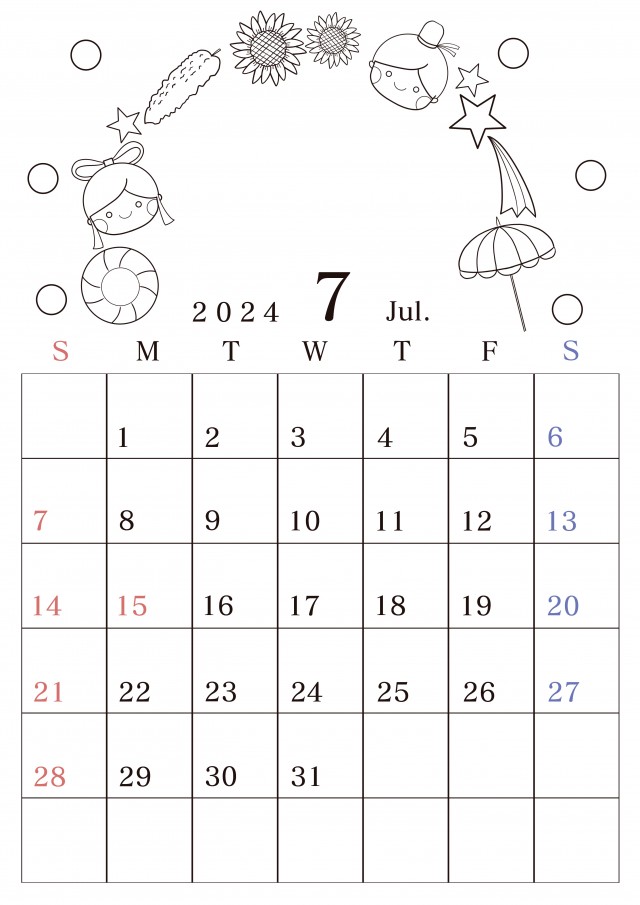 季節のぬりえが出来る２０２４年７月のカレンダー　縦型