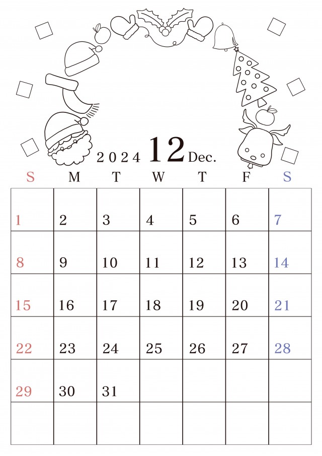 季節のぬりえが出来る２０２４年１２月のカレンダー　縦型