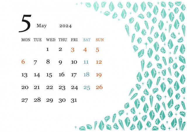 宝石モチーフの月間カレンダー（2024年・5月・ヒスイ）