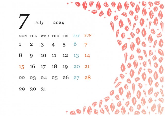 宝石モチーフの月間カレンダー（2024年・7月・ルビー）