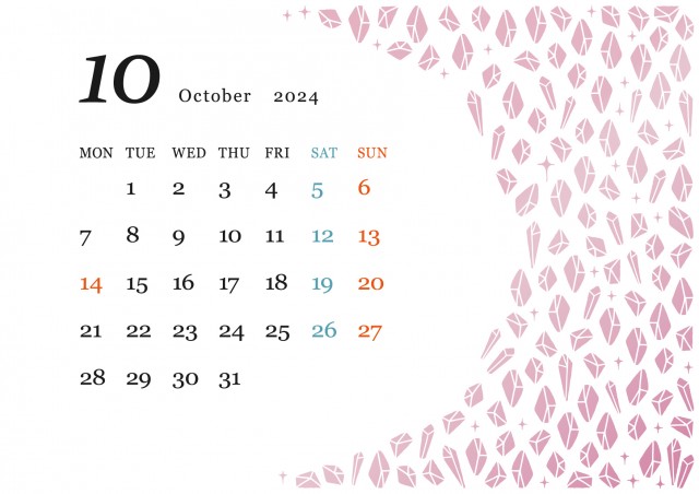 宝石モチーフの月間カレンダー（2024年・10月・トルマリン）