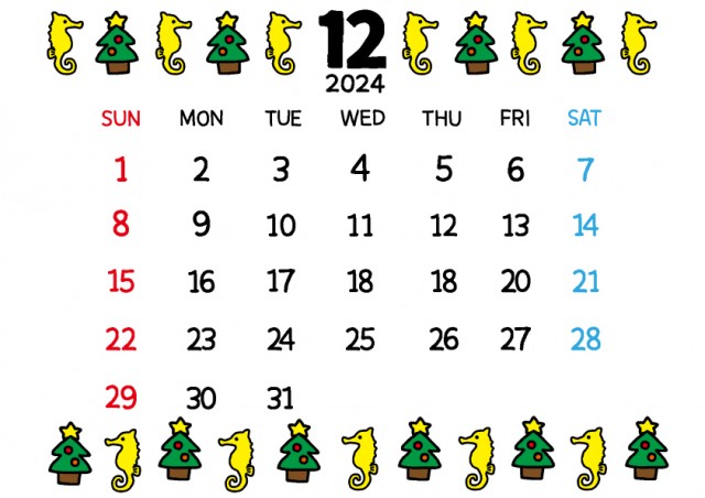 2024年カレンダー　タツノオトシゴの上下ライン12月カレンダー