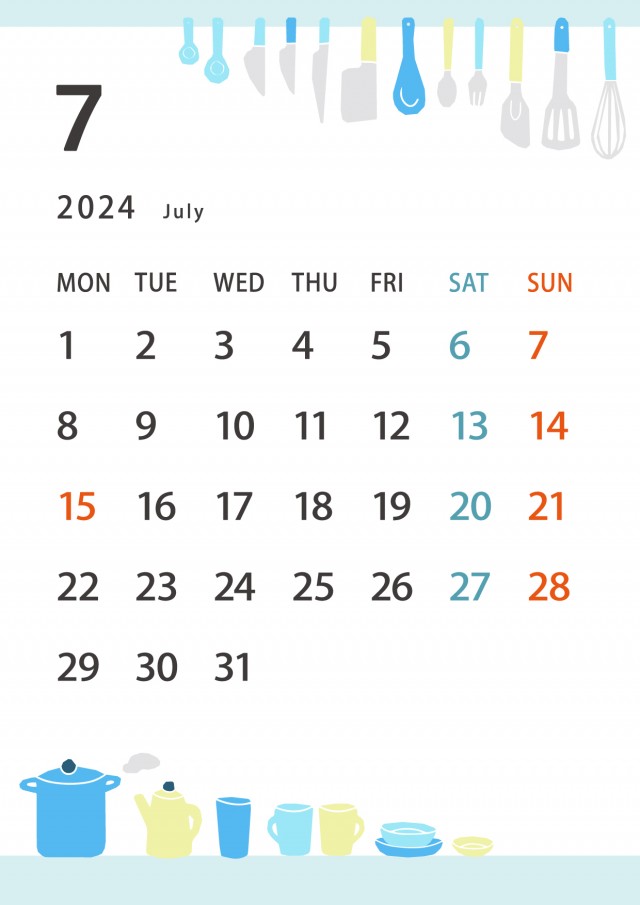 キッチンのイラストの月間カレンダー（2024年・7月）