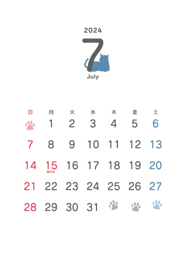 2024年カレンダーねこ7月