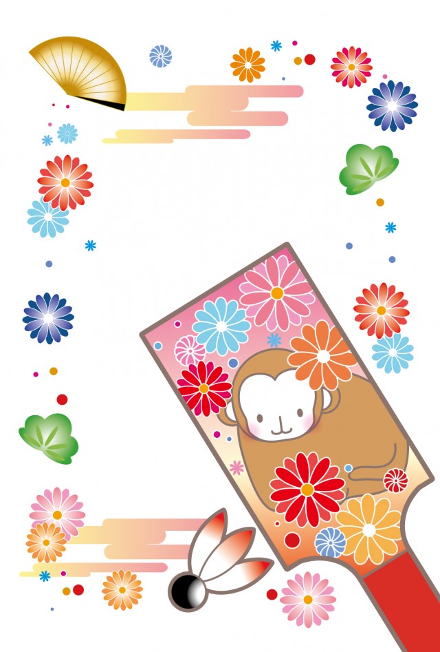 花と猿の絵が描かれた羽子板の年賀状素材 無料イラスト素材 素材ラボ