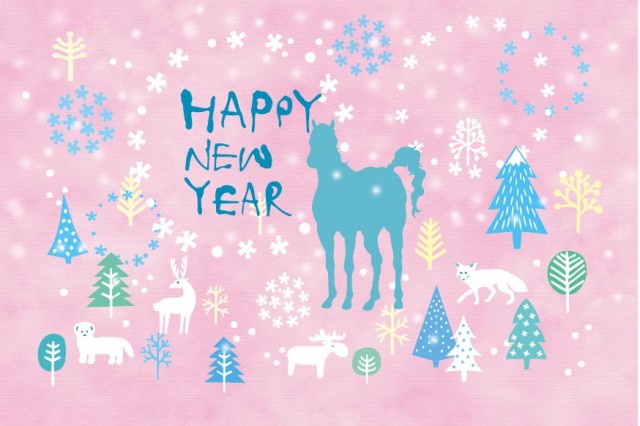 おしゃれ年賀状 北欧の仲間たちと雪降る森の中