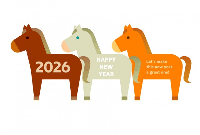 年賀状 2026年 鹿毛の馬×芦毛の馬×栗毛の馬 シンプル