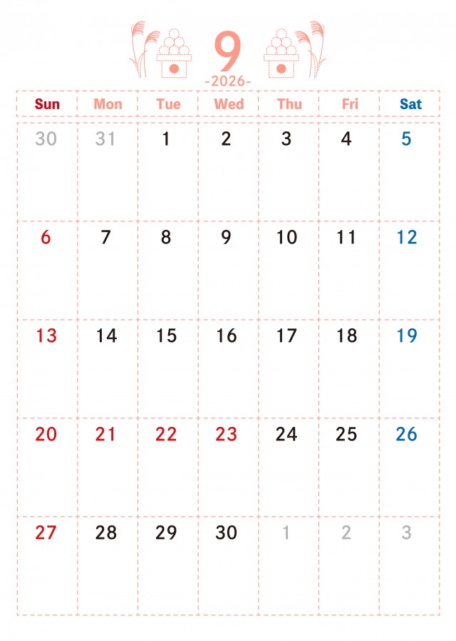 ドット線柄 2026年9月カレンダー 月見団子とすすき