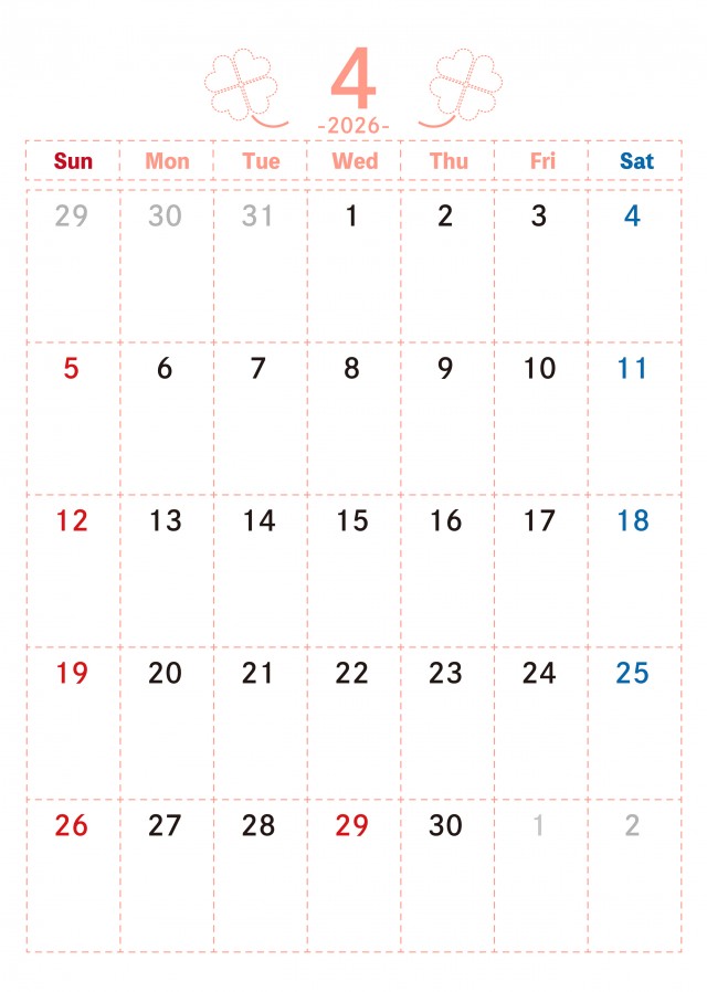 ドット線柄 2026年4月カレンダー 春の四つ葉のクローバー