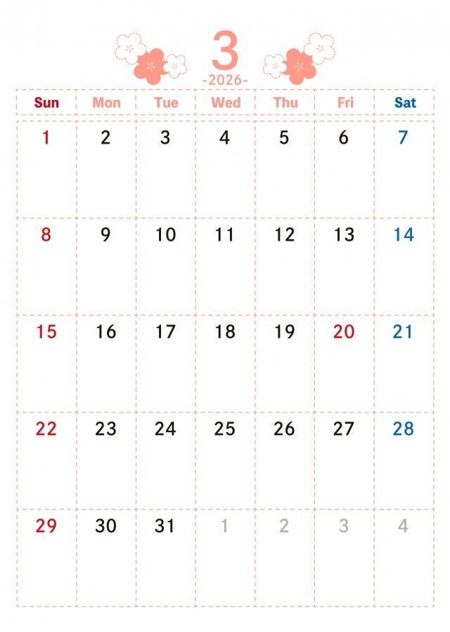 ドット線柄 2026年3月カレンダー ひな祭りの桃の花