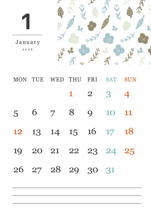 北欧風のボタニカル柄の月間カレンダー(2026年・1月)