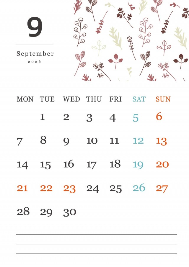 北欧風のボタニカル柄の月間カレンダー(2026年・9月)