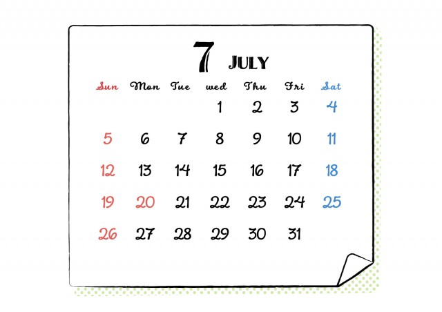 2026年手書きのメモ風カレンダー7月