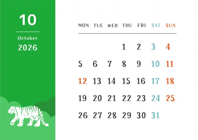 動物のシルエットと月間カレンダー(2026年・10月)