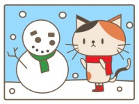 雪ダルマを作る猫