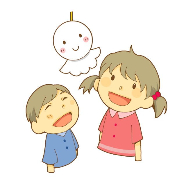 てるてるぼうずを見上げる女の子と男の子 無料イラスト素材 素材ラボ