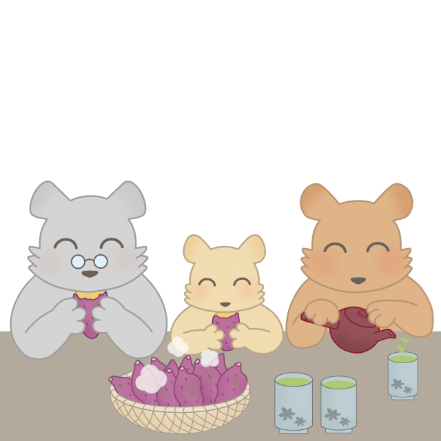 11月のイラスト 焼き芋を食べるクマの親子 無料イラスト素材 素材ラボ