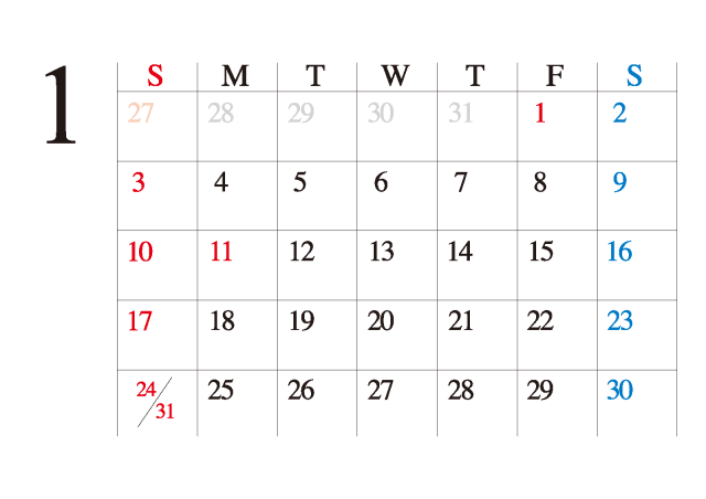 16カレンダー シンプル ビジネス向け カレンダー 1月 無料イラスト素材 素材ラボ