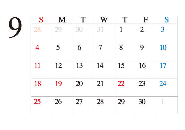 16カレンダー シンプル ビジネス向け カレンダー 9月 無料イラスト素材 素材ラボ
