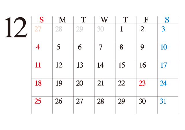 16カレンダー シンプル ビジネス向け カレンダー 12月 無料イラスト素材 素材ラボ