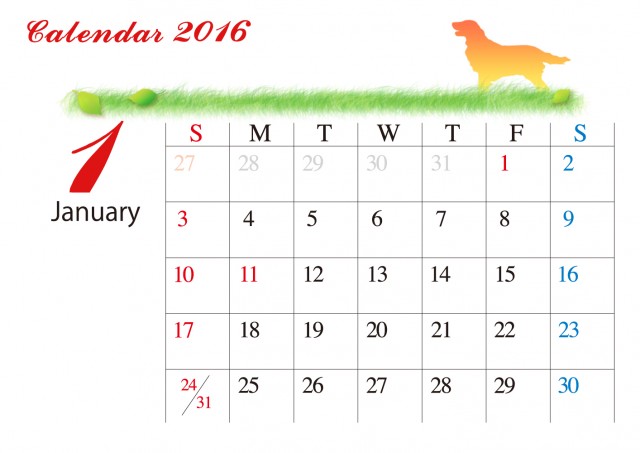2016カレンダー シンプル 草原とシルエット カレンダー 1月 無料