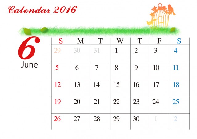 2016カレンダー シンプル 草原とシルエット カレンダー 6月 無料