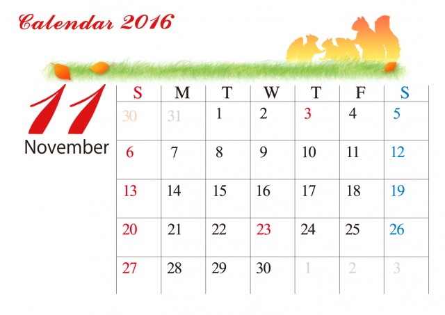 2016カレンダー シンプル 草原とシルエット カレンダー 11月 無料