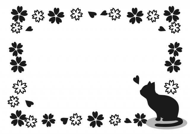 猫と桜のフレーム モノクロ 無料イラスト素材 素材ラボ