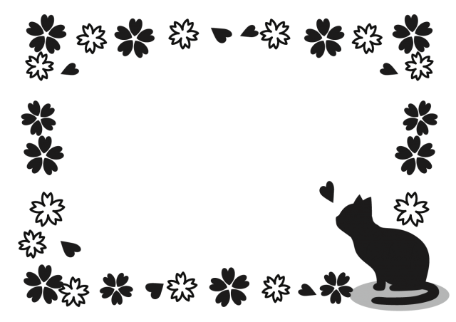 猫と桜のフレーム モノクロ 無料イラスト素材 素材ラボ