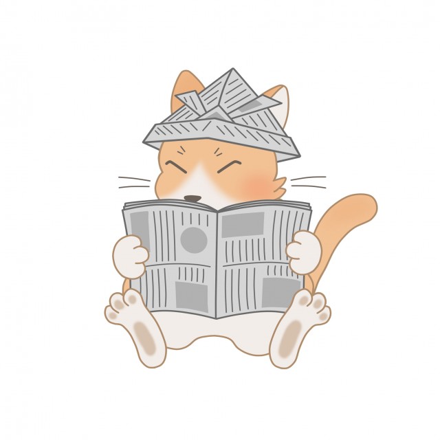 5月のイラスト 新聞紙で作った兜をかぶるネコ 無料イラスト素材 素材ラボ