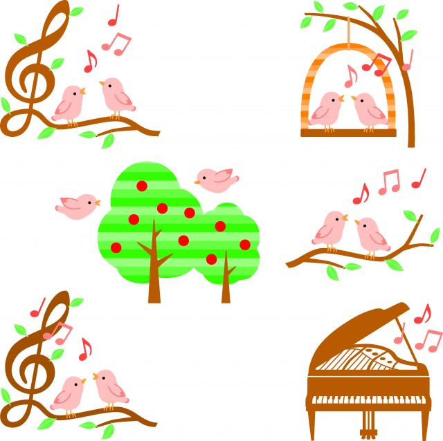 小鳥と木と音楽イラスト色々 ピンク 無料イラスト素材 素材ラボ