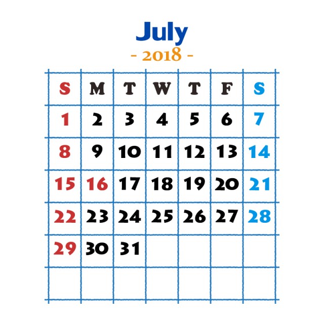 18年 カレンダー 07月 シンプル Jpg Ping Gif 無料イラスト素材 素材ラボ