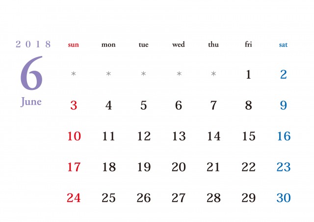 18年 カレンダー シンプル 6月 無料イラスト素材 素材ラボ