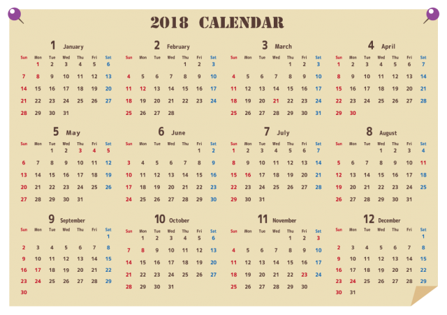 18年カレンダー 貼り紙風 年間 無料イラスト素材 素材ラボ