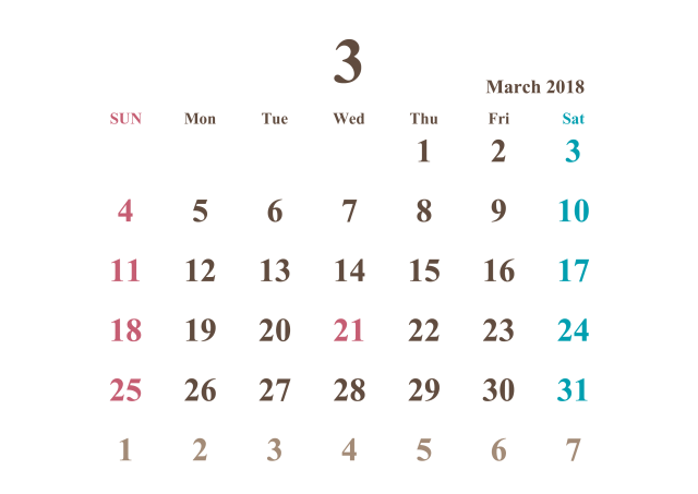18年カレンダー 3月 シンプル 無料イラスト素材 素材ラボ
