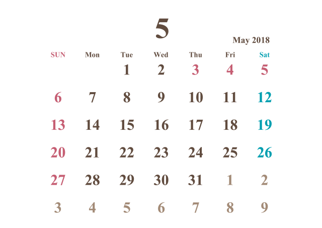 18年カレンダー 5月 シンプル 無料イラスト素材 素材ラボ