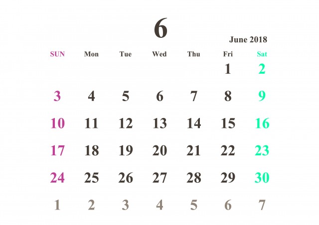18年カレンダー 6月 シンプル 無料イラスト素材 素材ラボ