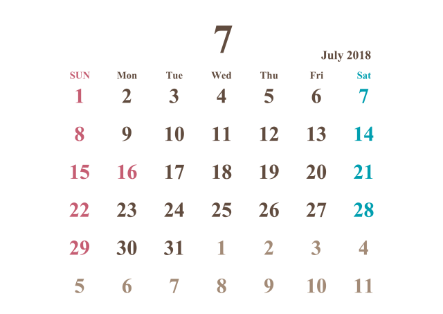 2018年カレンダー 7月 シンプル 無料イラスト素材 素材ラボ