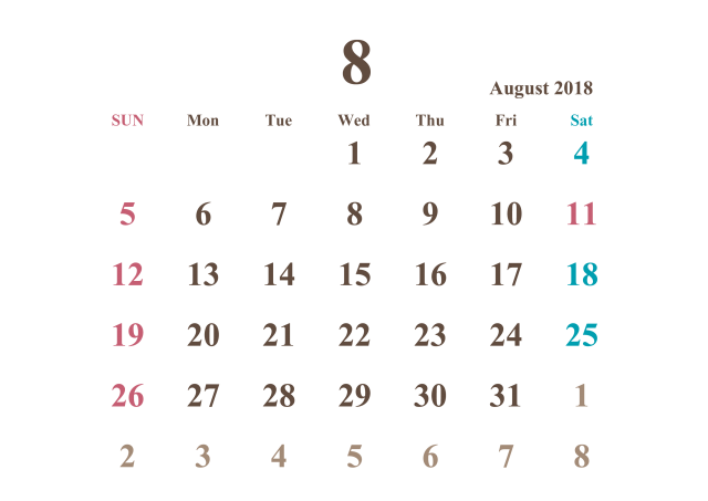 18年カレンダー 8月 シンプル 無料イラスト素材 素材ラボ