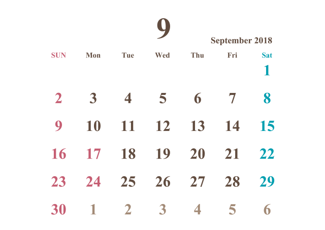 2018年カレンダー 9月 シンプル 無料イラスト素材 素材ラボ