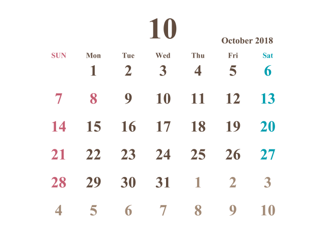 2018年カレンダー 10月 シンプル 無料イラスト素材 素材ラボ