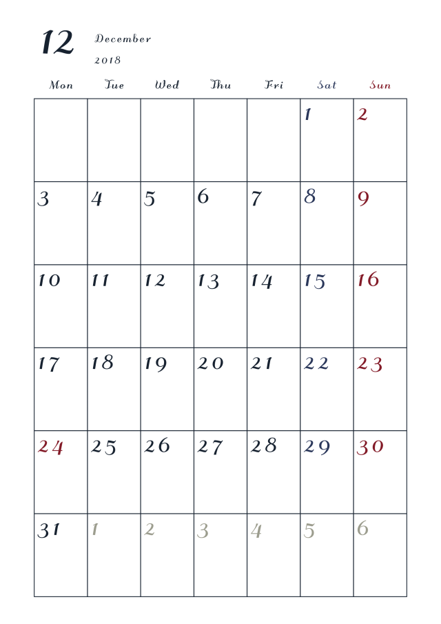 18年カレンダー 12月 縦 月曜始まり 無料イラスト素材 素材ラボ