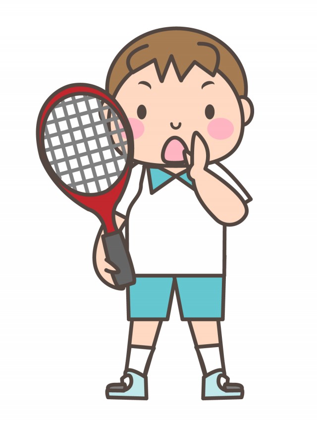 無料イラスト素材：男子テニス部　ラケットを抱え声をかける部…