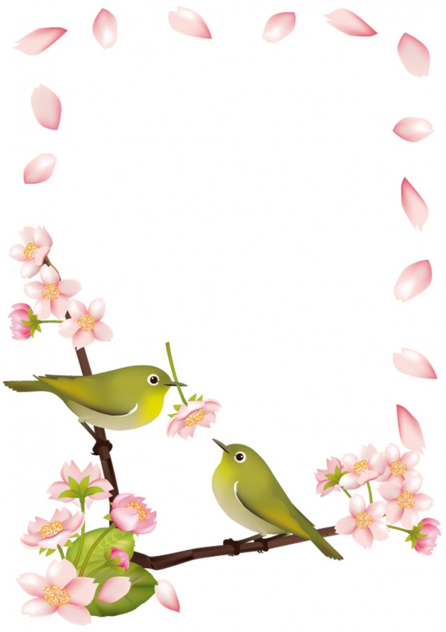 桜のフレーム 花びら メジロのつがい 無料イラスト素材 素材ラボ
