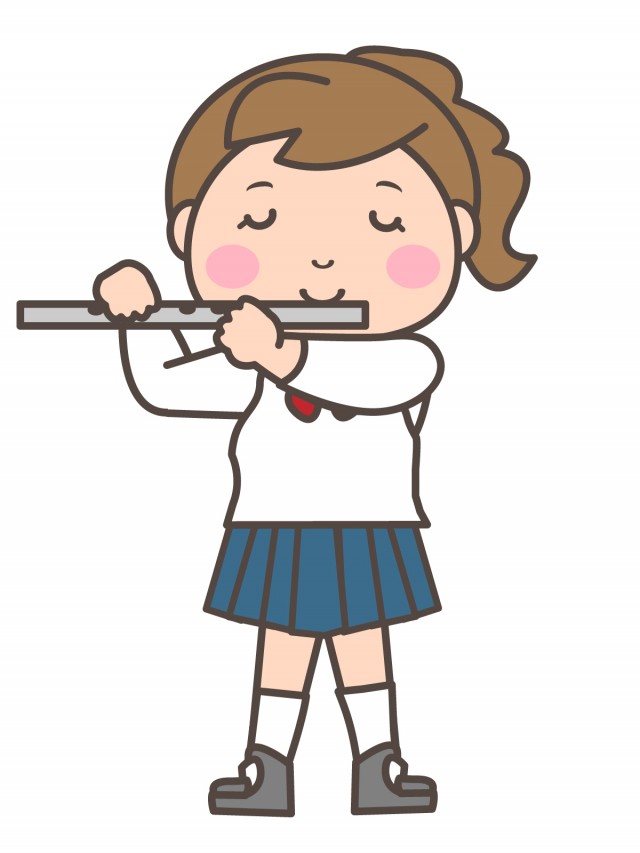 吹奏楽部 フルートっぽい楽器を演奏する女子部員 無料イラスト素材